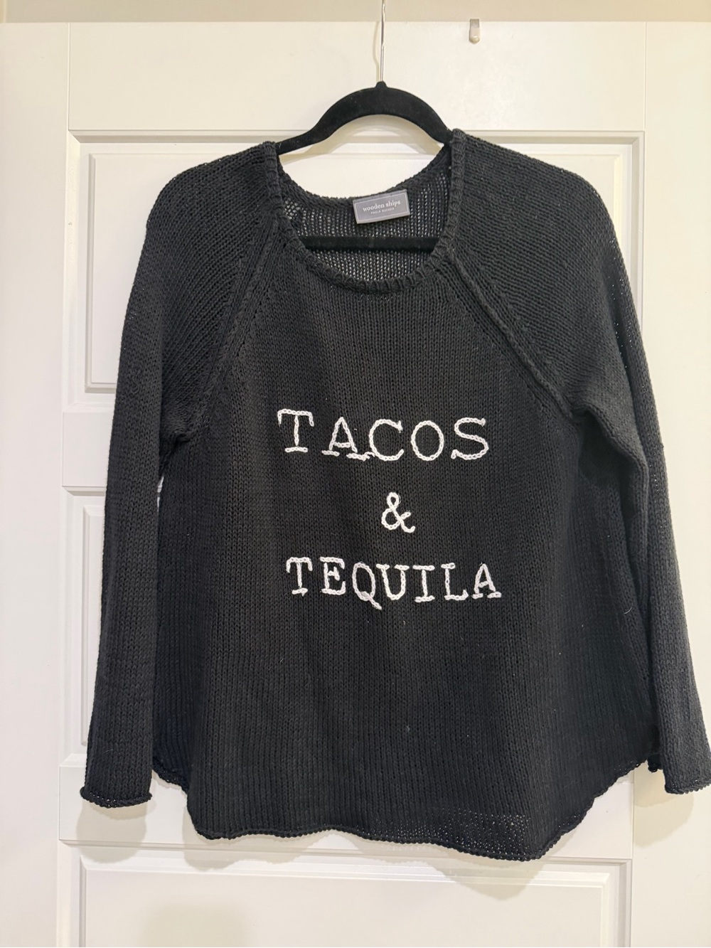 Wooden Ships Black Crewneck Sweater with White "Tacos & Tequila" Embroidered